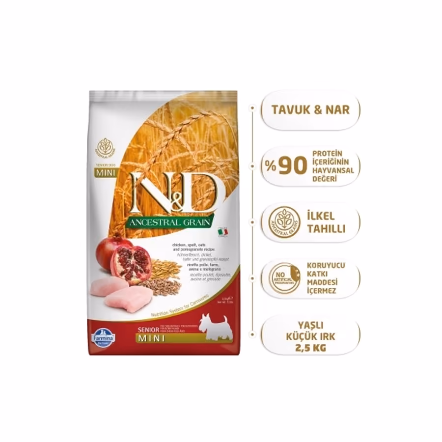 N&D Ancestral Grain Mini Tavuklu ve Narlı Ata Tahıllı Yaşlı Köpek Maması