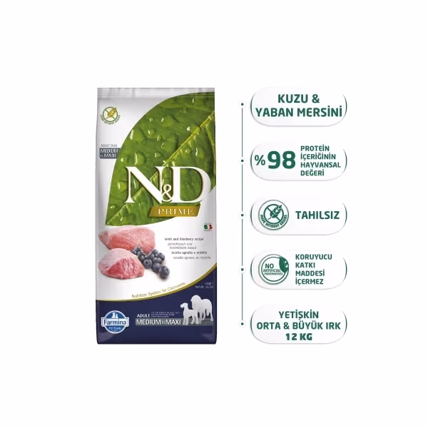 N&D Prime Medium&Maxi Kuzu Etli ve Yaban Mersinli Orta ve Büyük Tahılsız Yetişkin Köpek Maması